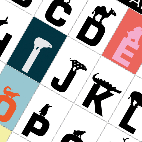 E for elefant,I for Isbjørn, L for løve, P for pingvin ... ZOO·FABET plakat med dyre·bogstaver og smukke farver